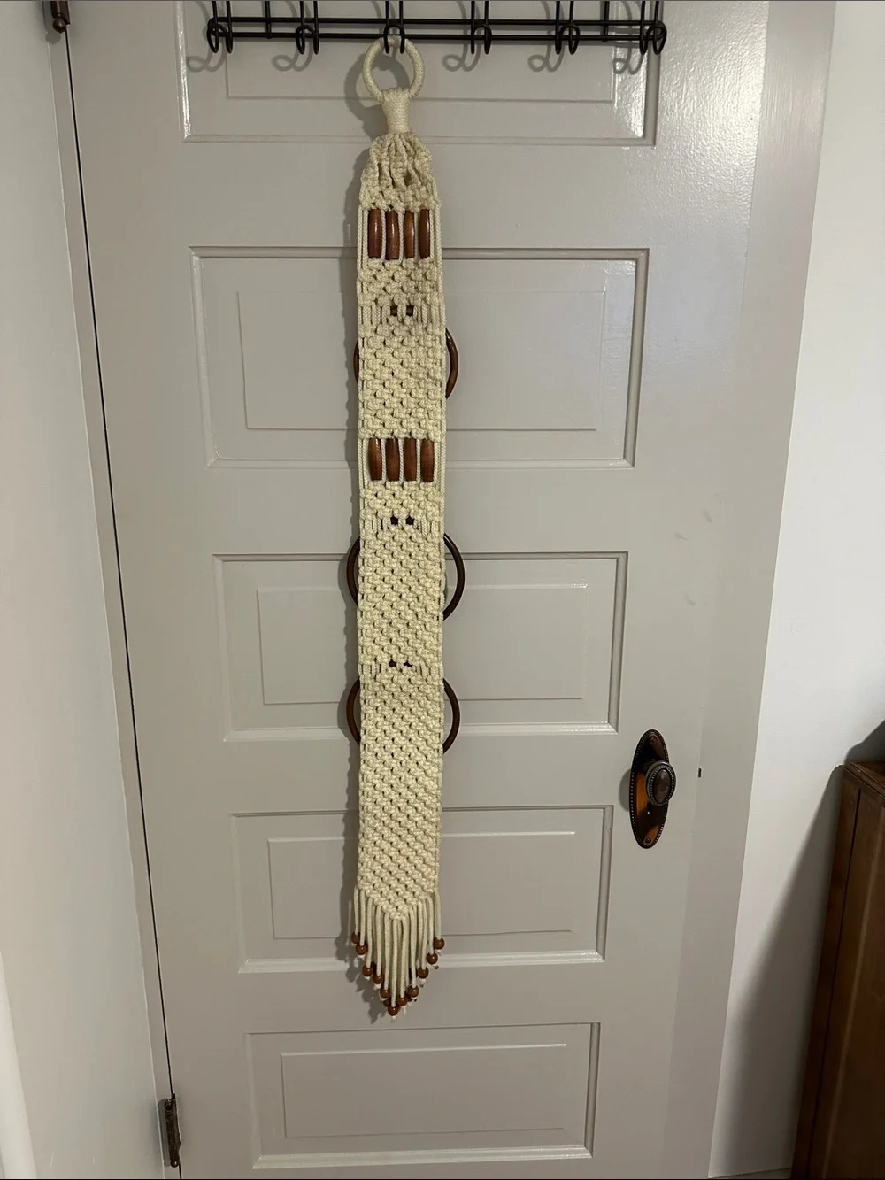 Boho Macrame Wall Hanging Towel Holder with Wooden Rings - Cream